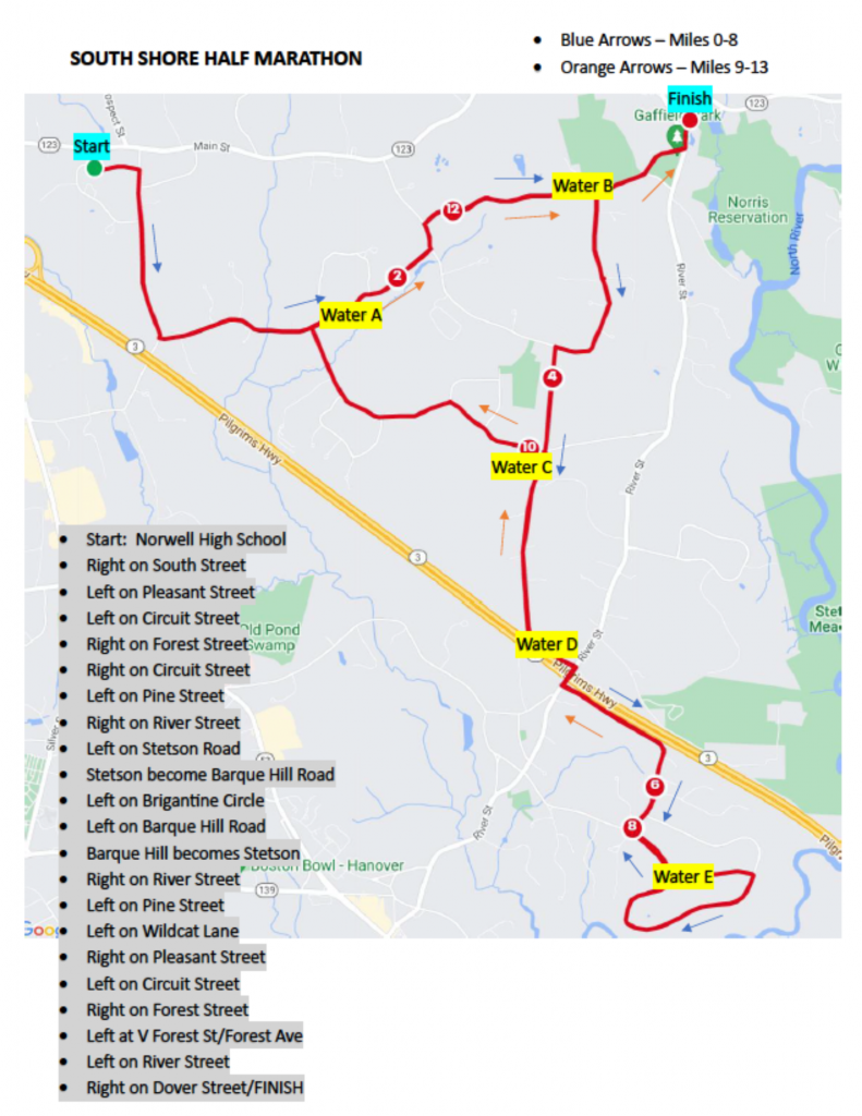South Shore Half Marathon 2023 - Water Station Map